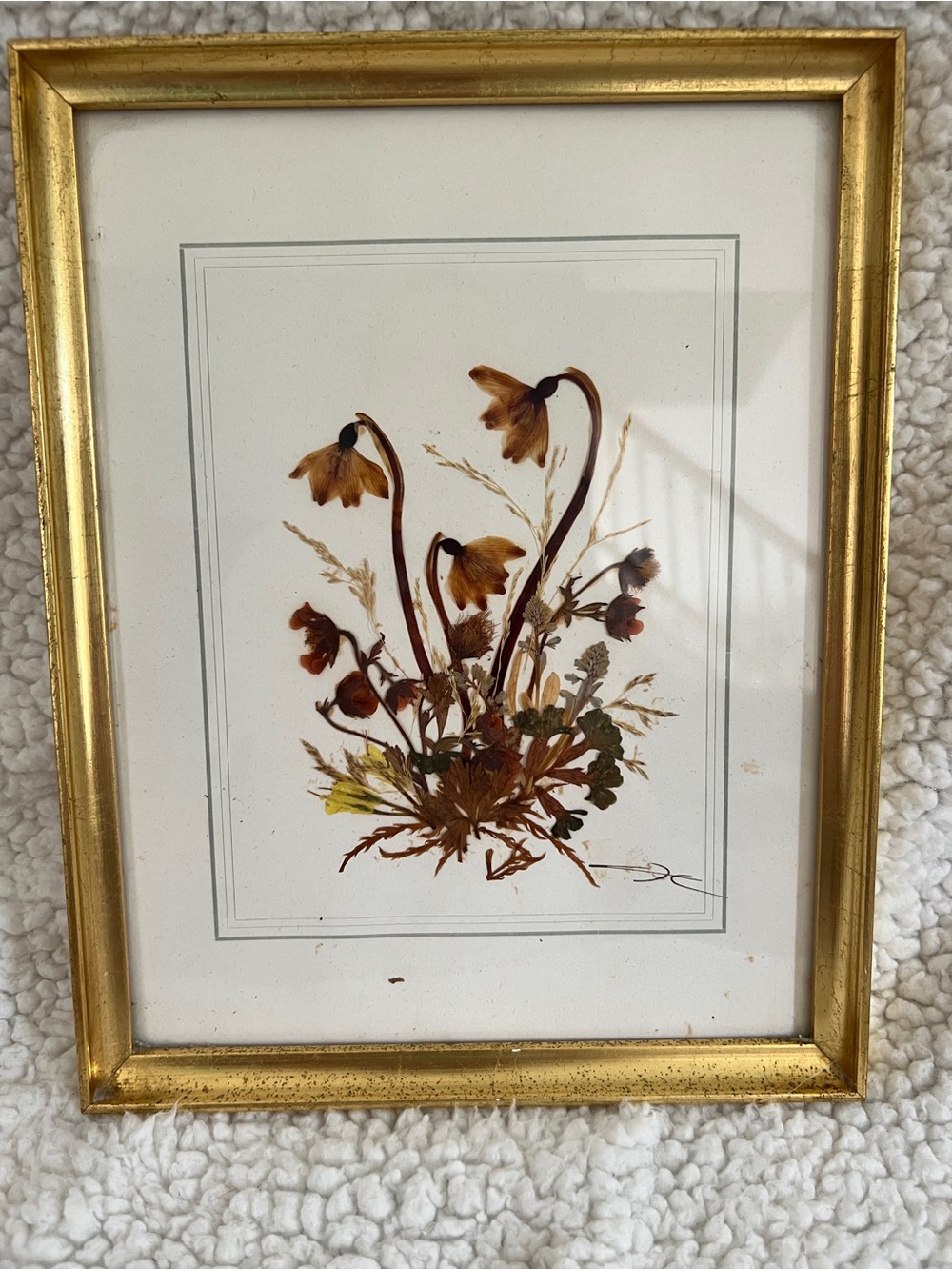 Vintage Pressed Flower Art in Gold Frame, handmade, Austria, signed